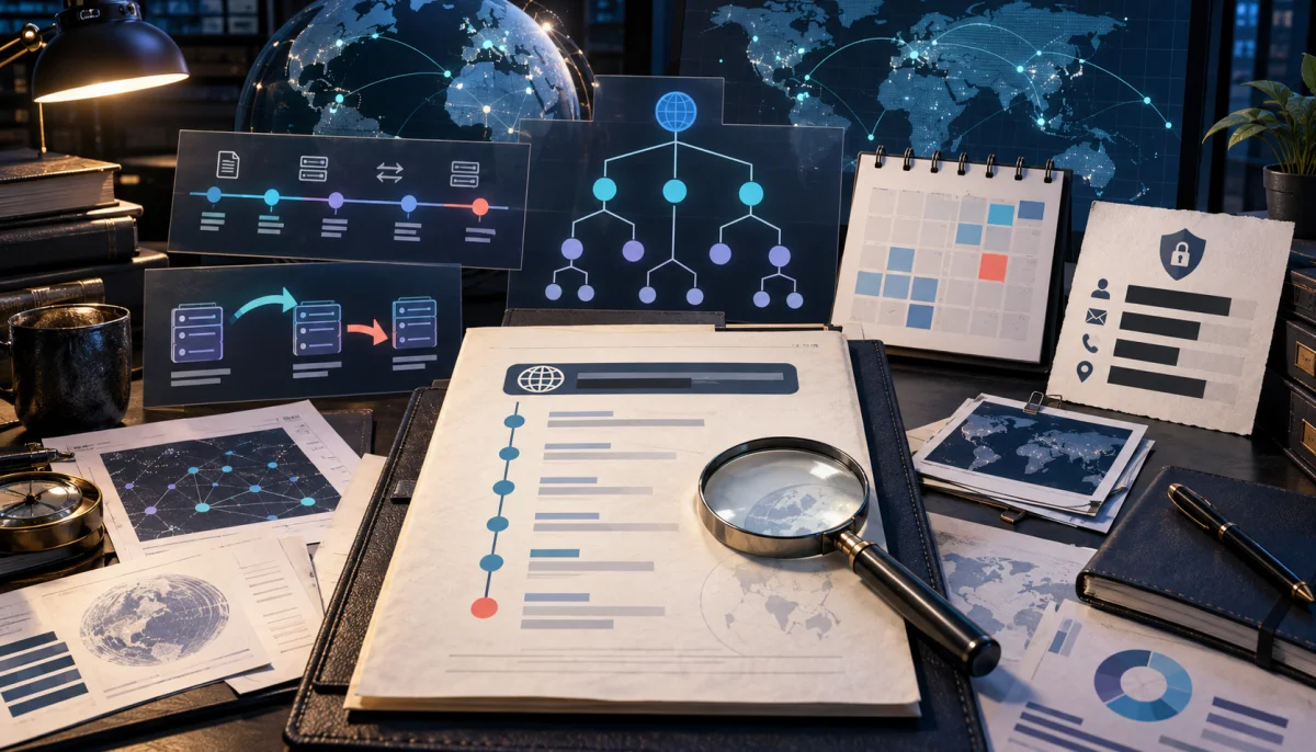Domain research desk with timelines, DNS diagrams and privacy-redacted registration records