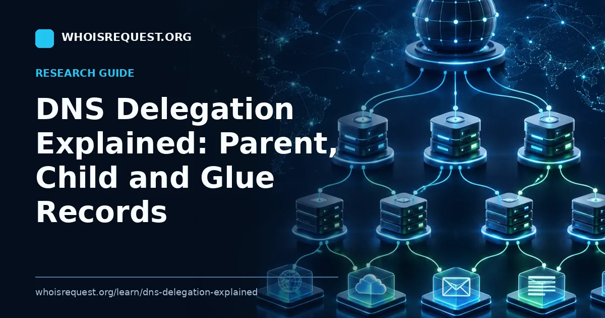 Illustrated research guide cover for DNS Delegation Explained: Parent, Child and Glue Records