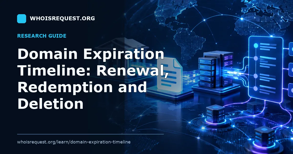 Illustrated research guide cover for Domain Expiration Timeline: Renewal, Redemption and Deletion
